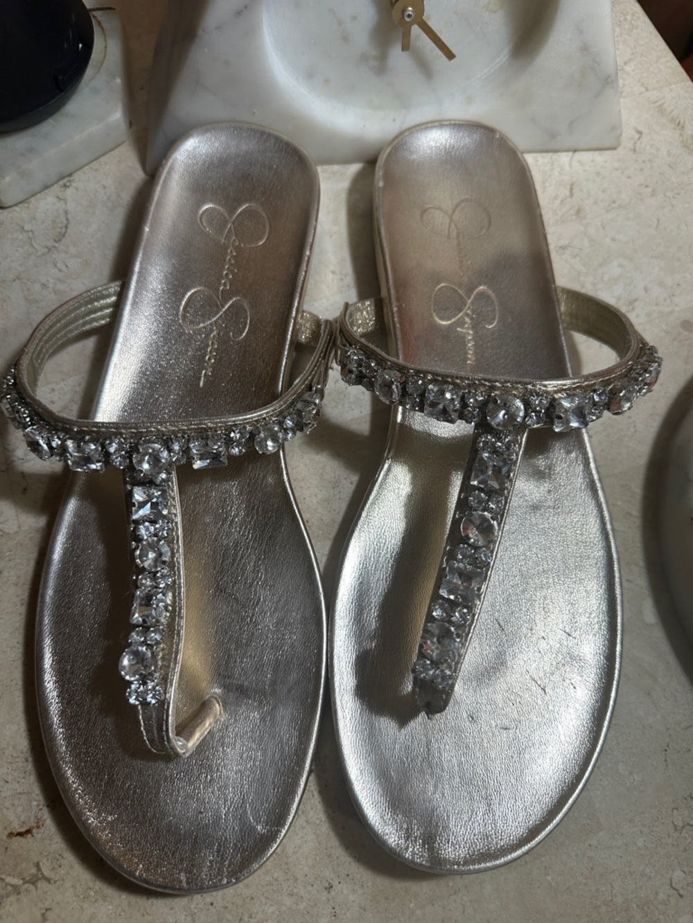 Jessica Simpson Silver Jeweled T-Strap Sandals
